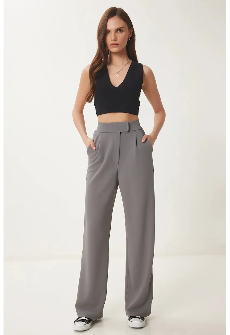 Pantaloni dama, Happiness Istanbul, palazzo, talie inalta, gri inchis, textil, Gri inchis