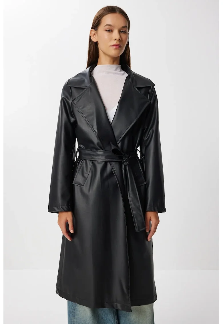 Trenci dama, Happiness Istanbul, lung, catarama, piele ecologica, negru