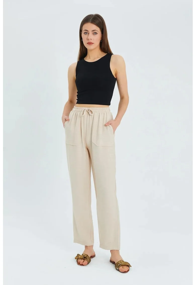 Pantaloni dama,  talie inalta, croiala conica, bej, textil