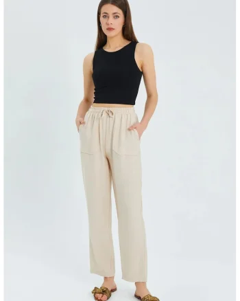 Pantaloni dama,  talie inalta, croiala conica, bej, textil