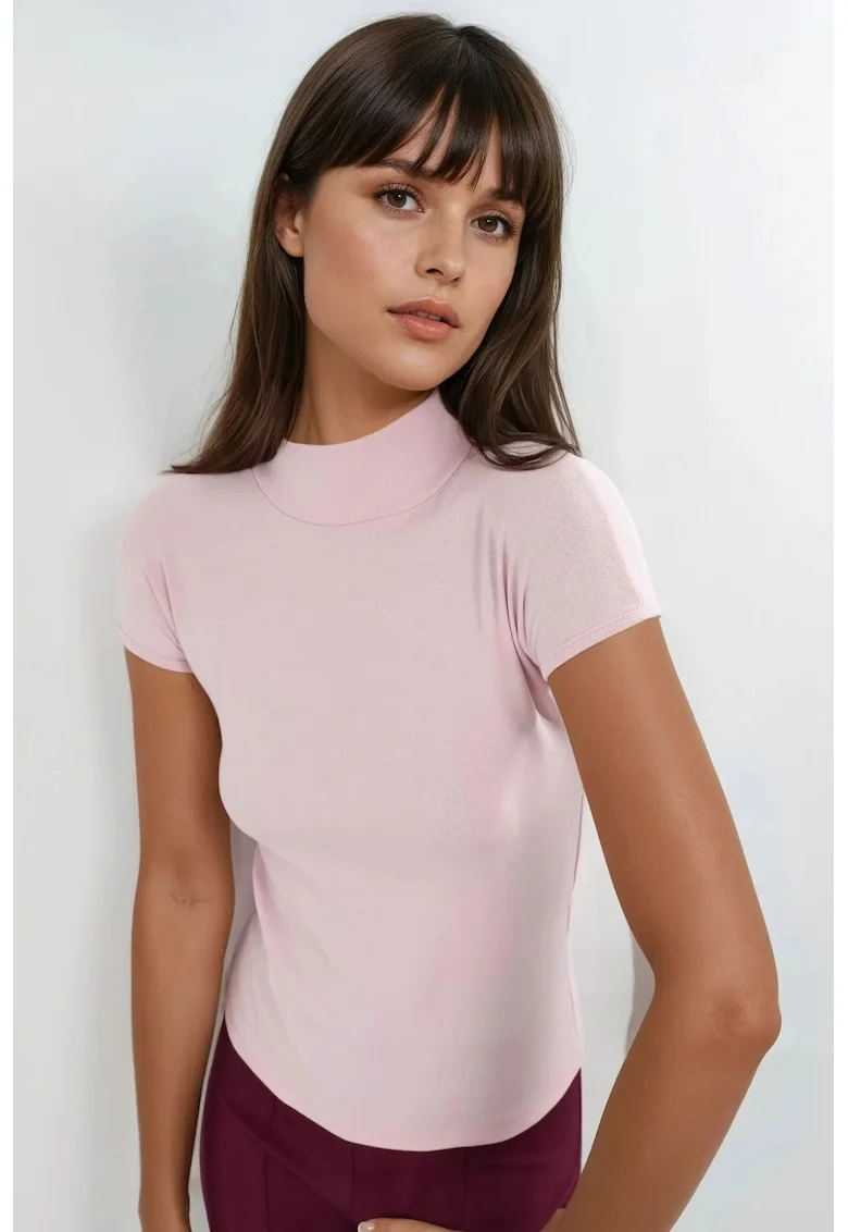Tricou dama  bumbac, guler semi-rulat, roz pudra