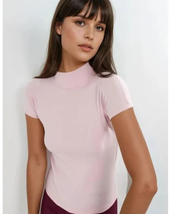 Tricou dama  bumbac, guler semi-rulat, roz pudra