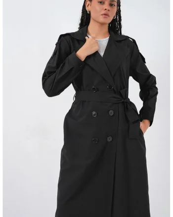 Trenci dama,  lung, doua randuri de nasturi, negru, textil