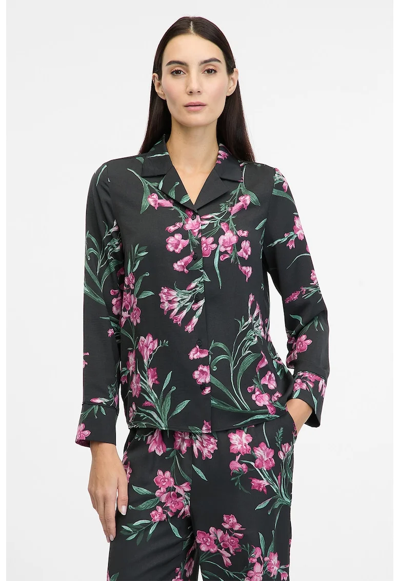 Camasa cu model floral si maneci lungi, Verde/Fucsia/Negru stins