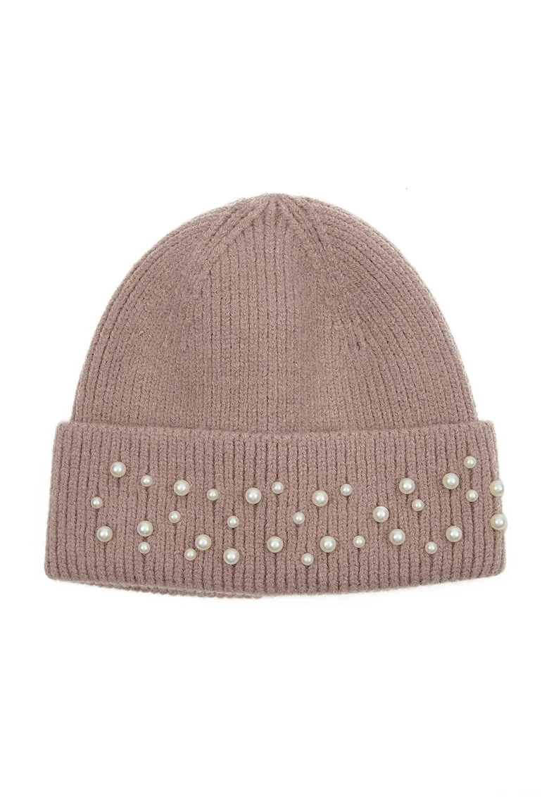 Caciula elastica cu perle sintetice, Alb fildes/Maro taupe