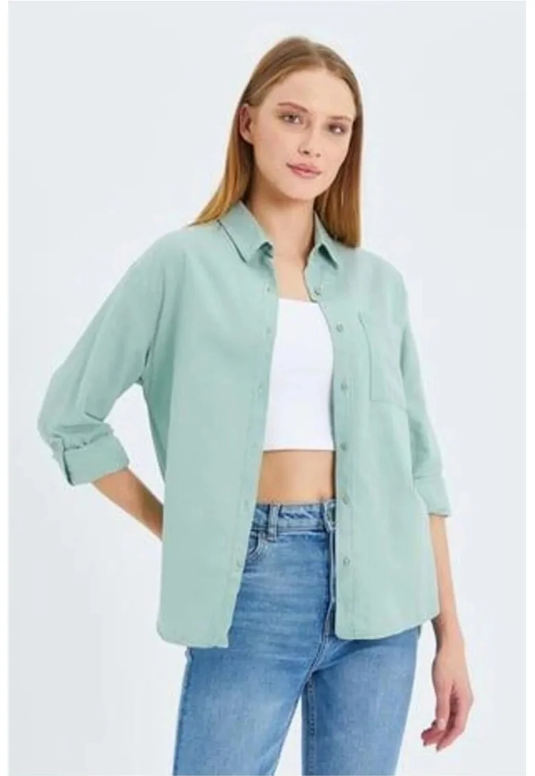 Camasa dama,  camasa cu maneca lunga, buzunar, verde salvie, textil, Verde salvie