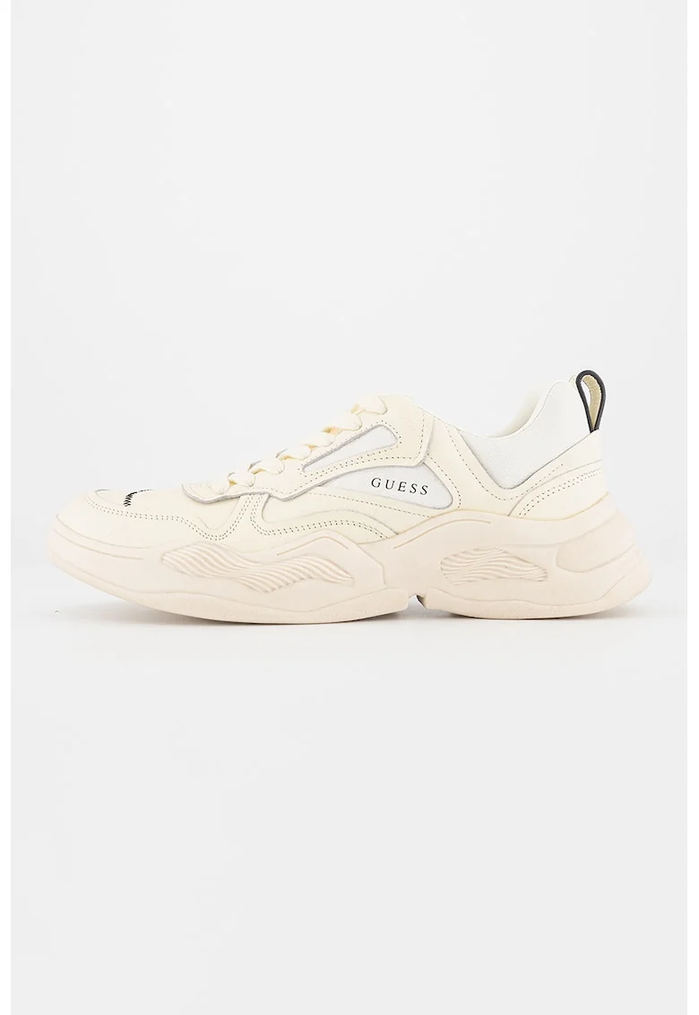 Pantofi sport de piele si piele ecologica cu logo, Alb fildes