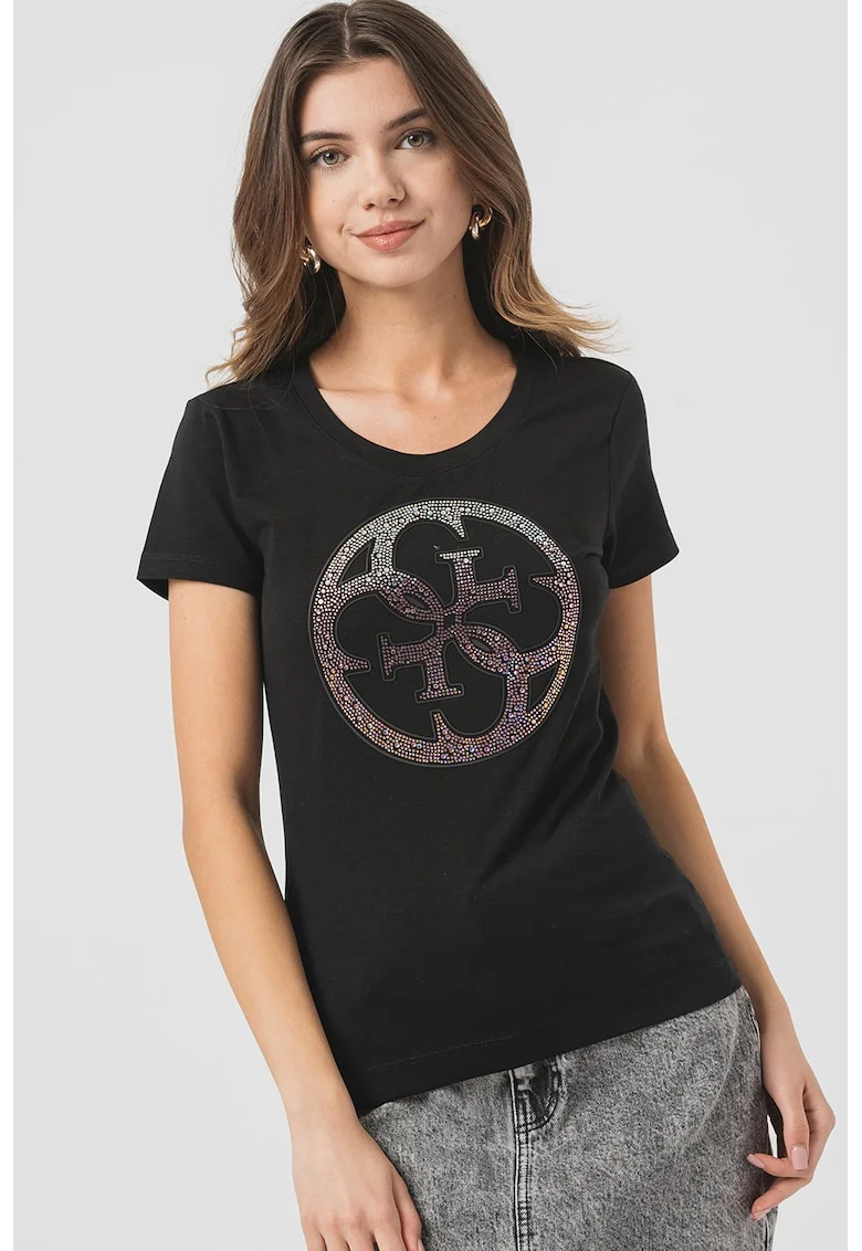 Tricou slim fit cu logo din strasuri, Negru/Roz/Albastru