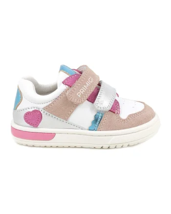 Pantofi sport cu garnituri din piele si segment dublu cu inchidere velcro, Alb/Roz/Albastru deschis