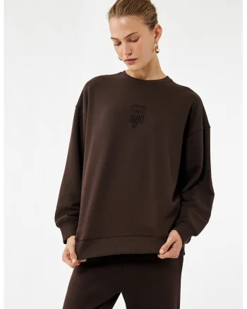 Bluza de trening cu croiala lejera si decolteu la baza gatului, Maro inchis