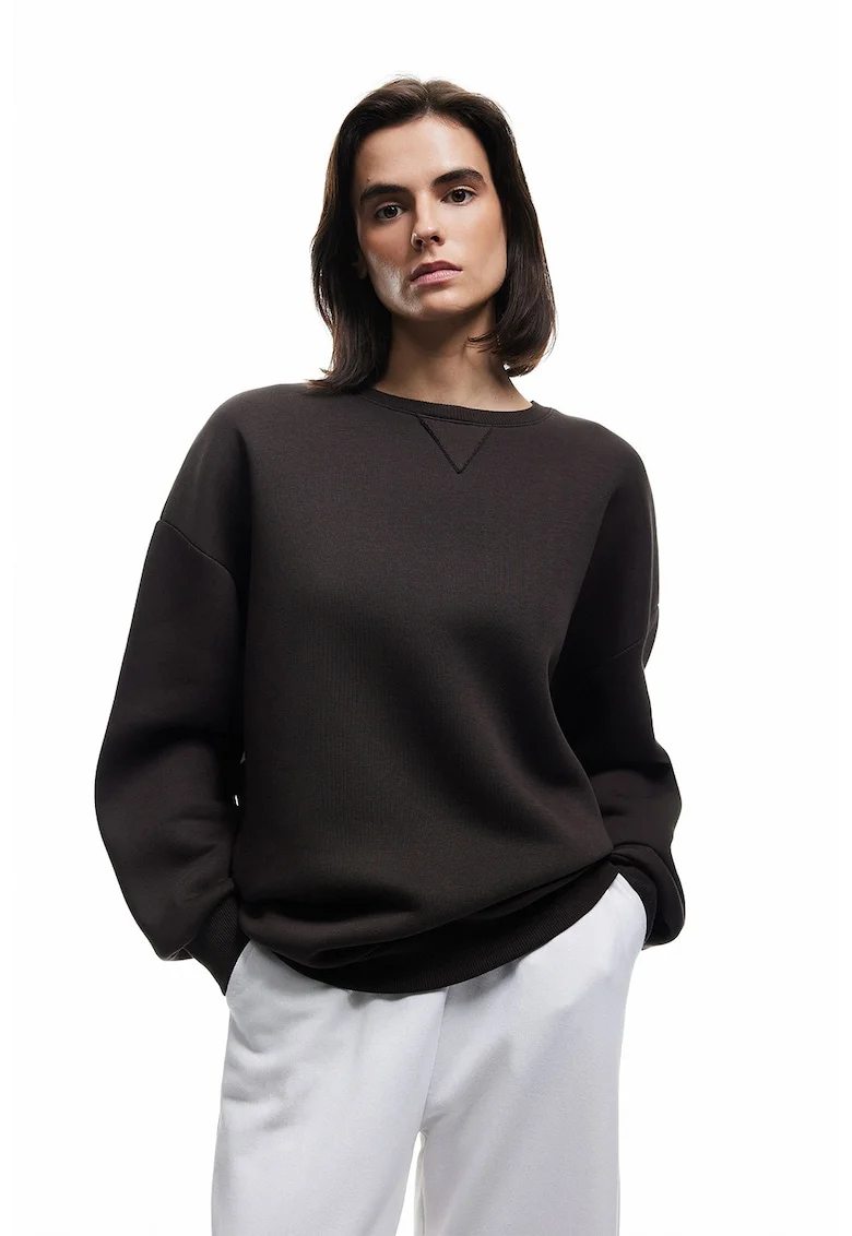 Bluza de trening cu croiala lejera si model uni, Maro inchis