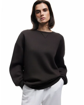 Bluza de trening cu croiala lejera si model uni, Maro inchis