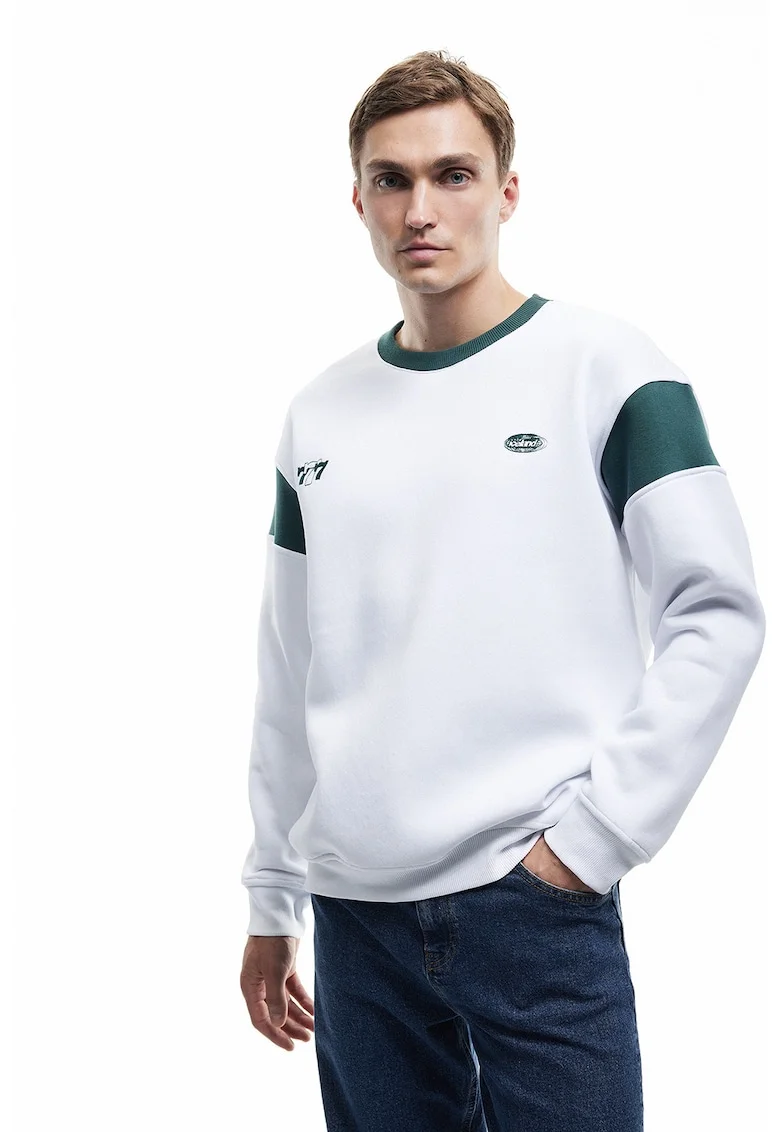 Bluza de trening cu imprimeu text, Alb/Verde aquamarin