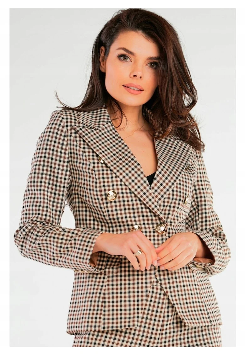Sacou De Dama,  Design Cu Doua Randuri, Model In Carouri, Material Poliester, Croi Slim Fit, Maneci Lungi, Buzunare Cu Clapeta, Maro, Bej