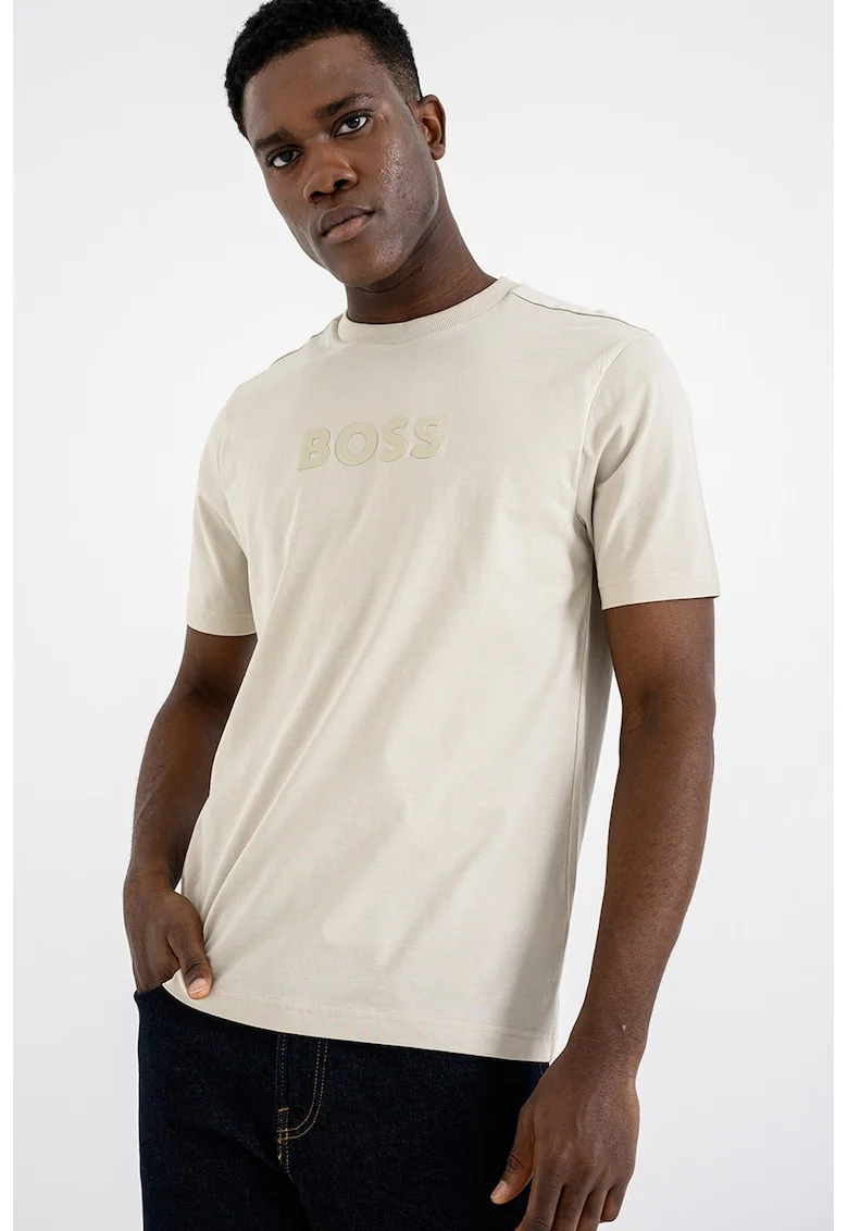 Tricou cu imprimeu logo si decolteu la baza gatului, Bej deschis