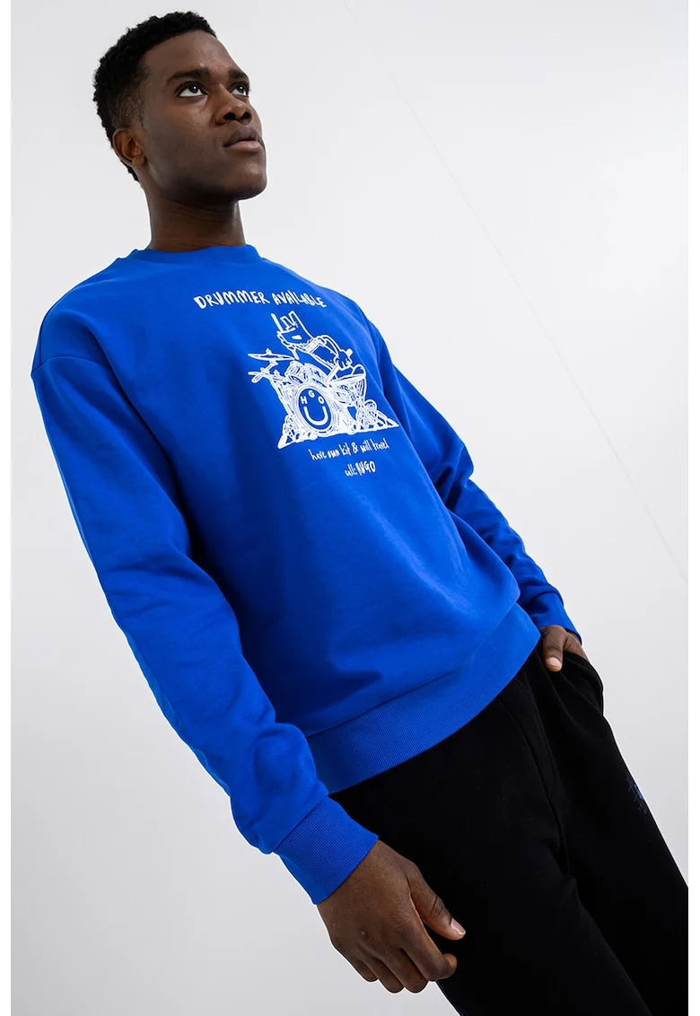 Bluza de trening cu imprimeu logo si maneci cazute, Alb/Albastru royal
