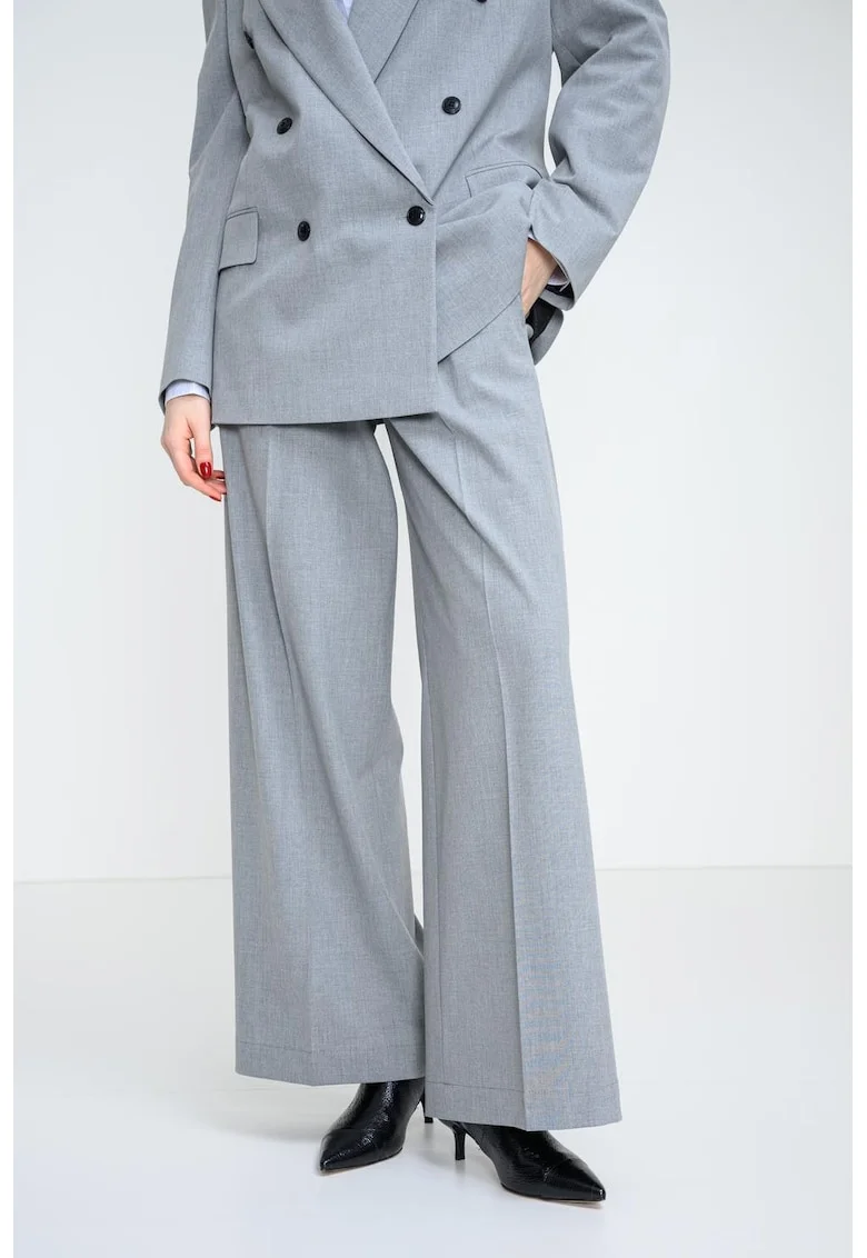 Pantaloni eleganti cu croiala ampla, pensa si cordon in talie, Gri melange