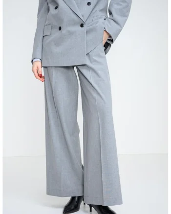 Pantaloni eleganti cu croiala ampla, pensa si cordon in talie, Gri melange