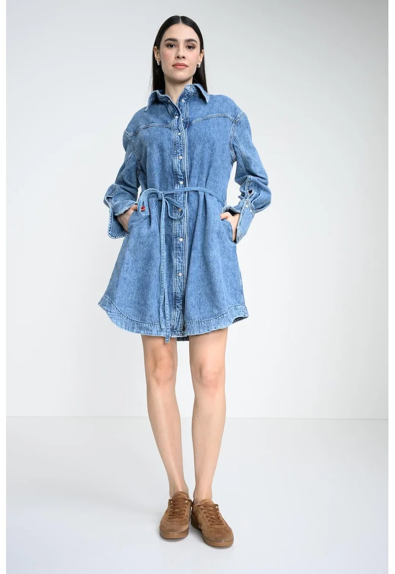 Rochie-camasa din denim cu cordon in talie si buzunare laterale, Albastru melange