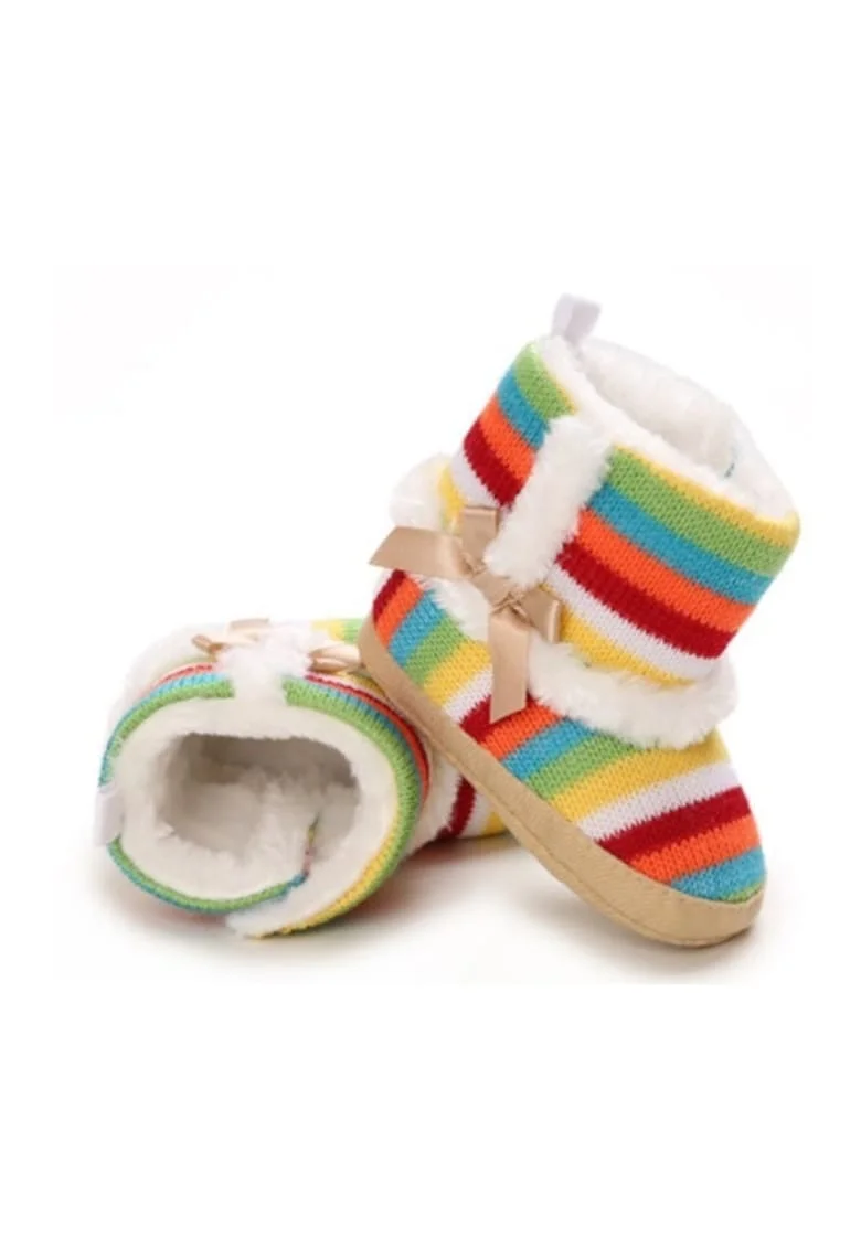 Cizmulite colorate, cu dungi curcubeu, blanita alba si fundita eleganta, Multicolor