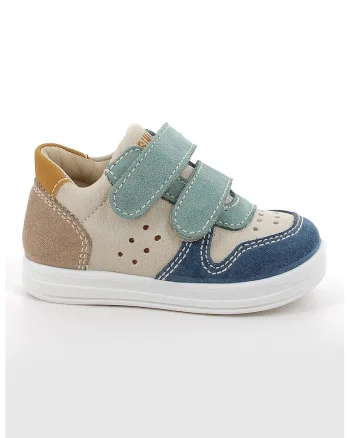 Pantofi sport cu inchidere velcro si segmente din piele intoarsa, Verde/Albastru inchis/Bej deschis