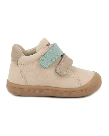Pantofi sport din piele cu model uni si inchidere velcro, Bej/Verde pal