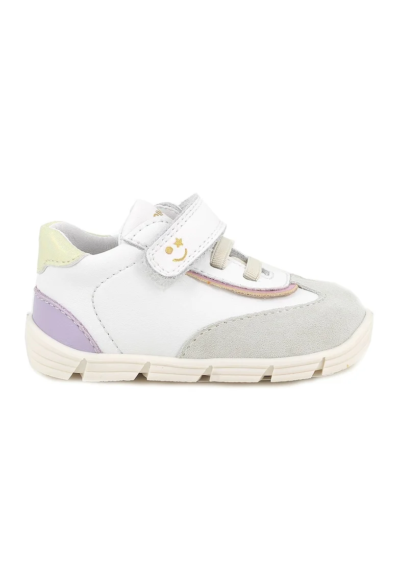 Pantofi sport din piele si piele intoarsa cu inchidere velcro, Alb/Violet/Galben pal