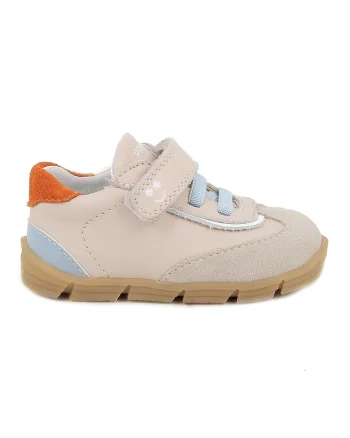 Pantofi sport din piele si piele intoarsa cu inchidere velcro, Portocaliu mandarina/Albastru pal/Maro nisip