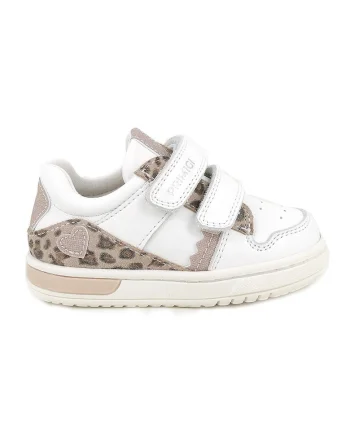 Pantofi sport din piele si piele intoarsa cu segment dublu cu inchidere velcro, Alb/Maro nisip