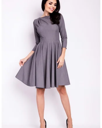 Rochie midi evazata,  gri, maneci 3/4, poliester-elastan