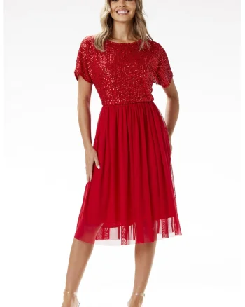 Rochie de seara midi  paiete si tul, rosu, poliester/elastan