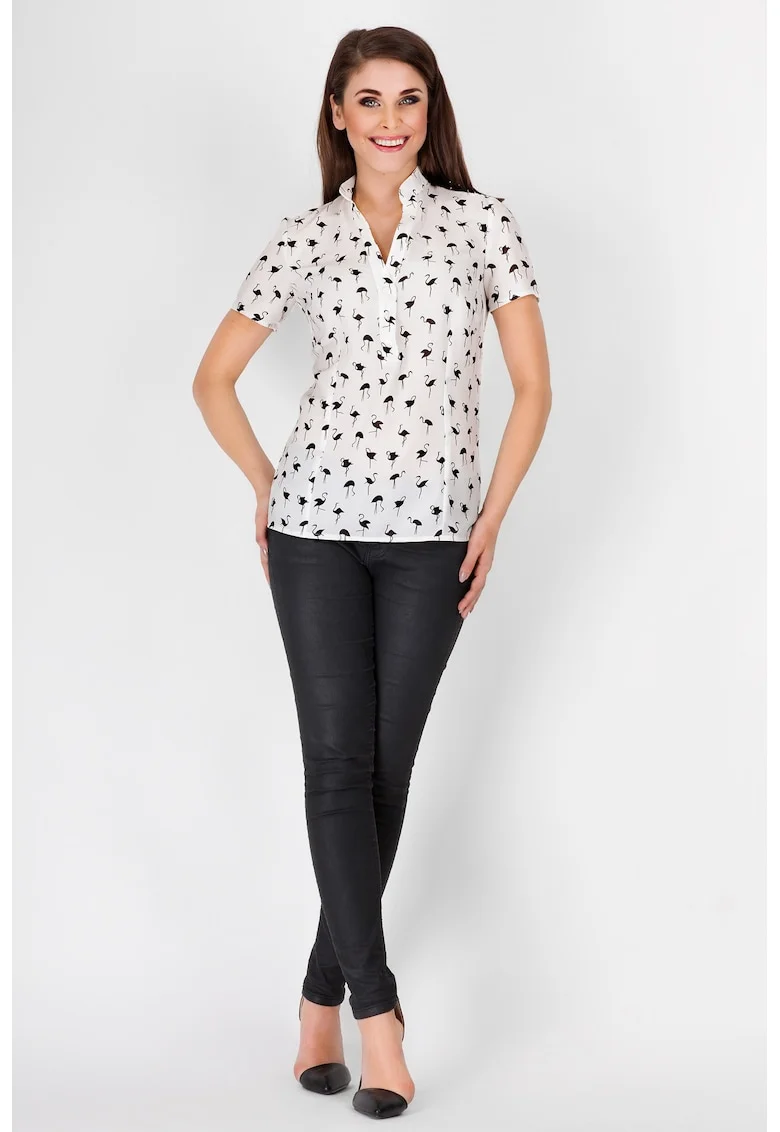 Camasa A089 pentru dama  Poliester, Cu flamingo, Alb/Negru