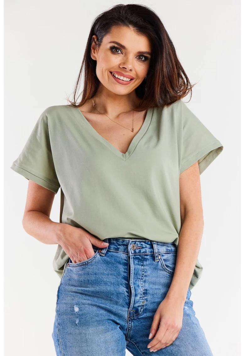 Bluza Dama, Awama, Material Bumbac, Stil Zilnic, Uni, Croi Regular, Fara Inchidere, Maneci Scurte, Decolteu In Forma De V, Fara Buzunare, One Size, Menta
