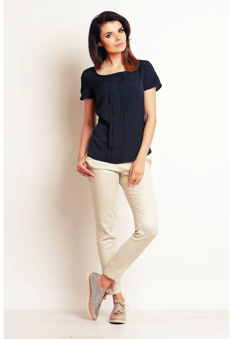 Tricou dama  bleumarin, poliester-elastan, maneci scurte, pliuri decorative,