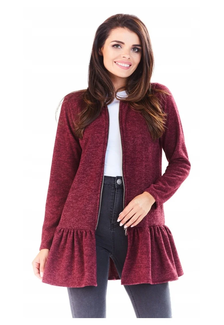 Pulover Dama,  Lung, Inchidere cu Fermoar, Volan Elegant la Baza, Confectionat din Tricot Elastic, Modern si Confortabil, Ideal Zile Friguroase, Produs in Polonia, Rosu, Marime L/XL