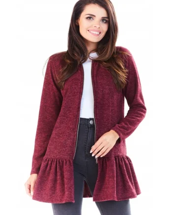 Pulover Dama,  Lung, Inchidere cu Fermoar, Volan Elegant la Baza, Confectionat din Tricot Elastic, Modern si Confortabil, Ideal Zile Friguroase, Produs in Polonia, Rosu, Marime L/XL