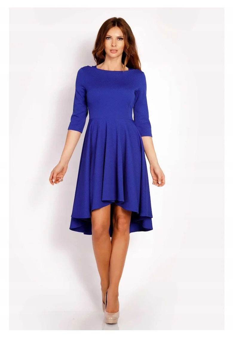 Rochie Dama,  L004, Asimetrica Evazata Midi, Maneci 3/4, Usor Evazata la Baza, Tesatura Confortabila cu Elastan, Croiala Clasica Eleganta, Ideala la Birou, Albastru, Marime