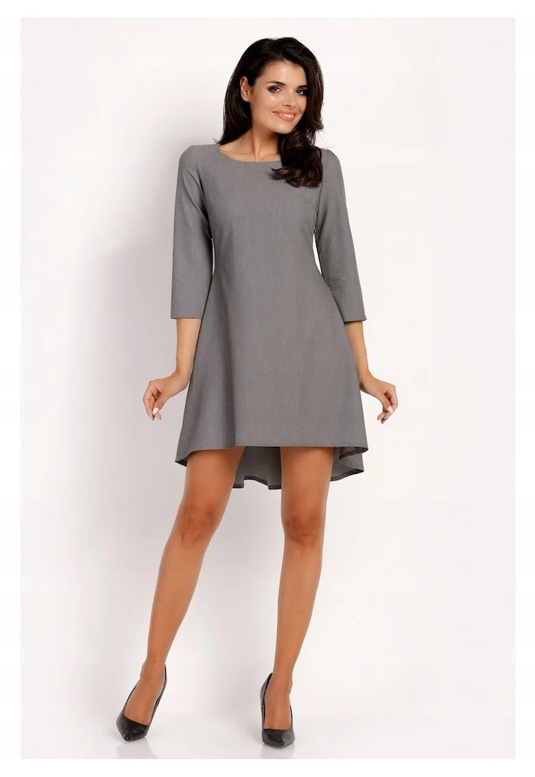 Rochie Dama,  L014, Trapez, Eleganta, Maneci 3/4, Croiala Evazata, Lungime Mini, Tesatura Confortabila cu Vascoza si Elastan, Fason Clasic, Ideala Iesiri, Gri