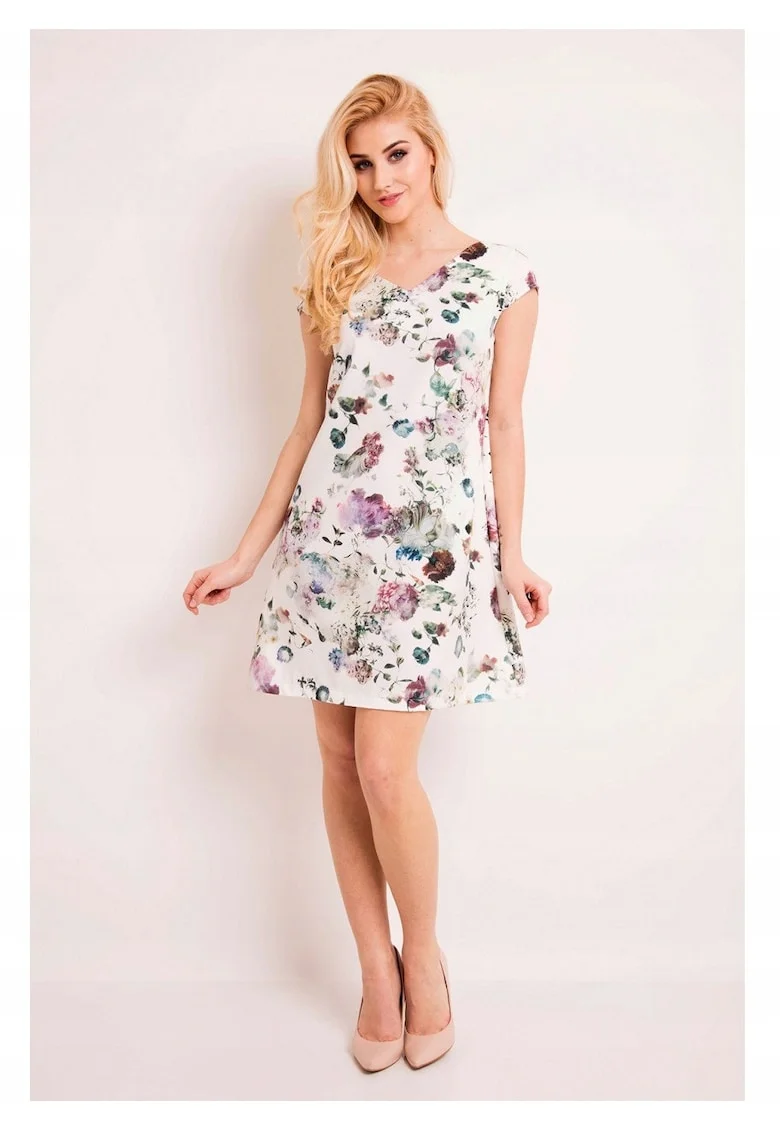 Rochie Dama, Evazata,  L035, Model Cu Flori, Marimea XL, Material 100% Poliester, Midi, Decolteu In V, Fara Maneci, De Inalta Calitate, Ecru