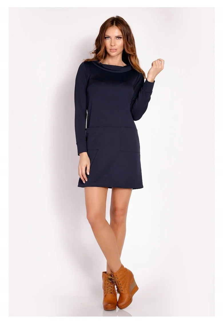 Rochie De Dama,  L015, Marimea S, Material 96% Poliester, 4% Elastan, Lungime Mini, 2 Buzunare Laterale, Maneci Lungi, De Inalta Calitate, De Inalta Calitate, Albastru Inchis