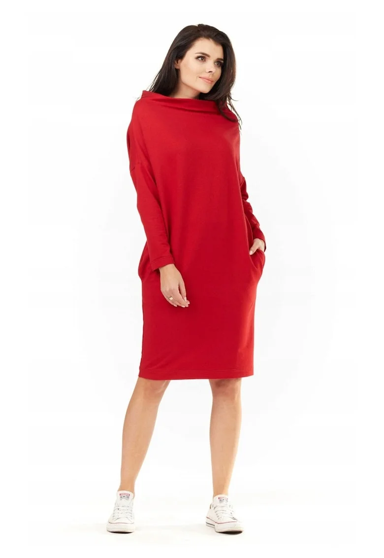 Rochie De Dama,  L061, Marimea S/M, Bumbac, Midi, Maneci Lungi, Decolteu Rotund, De Inalta Calitate, Rosie