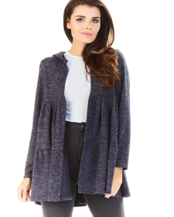 Cardigan Pentru Femei,  L053, Cu Gluga Si Volane, Marimea S/M, Poliester, Croi Normal, Maneci Lungi, Decolteu In V, De Inalta Calitate, De Inalta Calitate, Albastru Inchis
