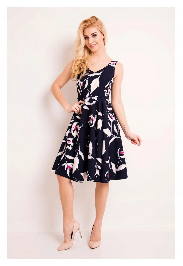Rochie Midi Pentru Femei,  L038, Marimea S, Material 95% Poliester, 5% Elastan, Culoare Bleumarin, Decolteu Adanc, Fara Inchidere, Fara Maneci