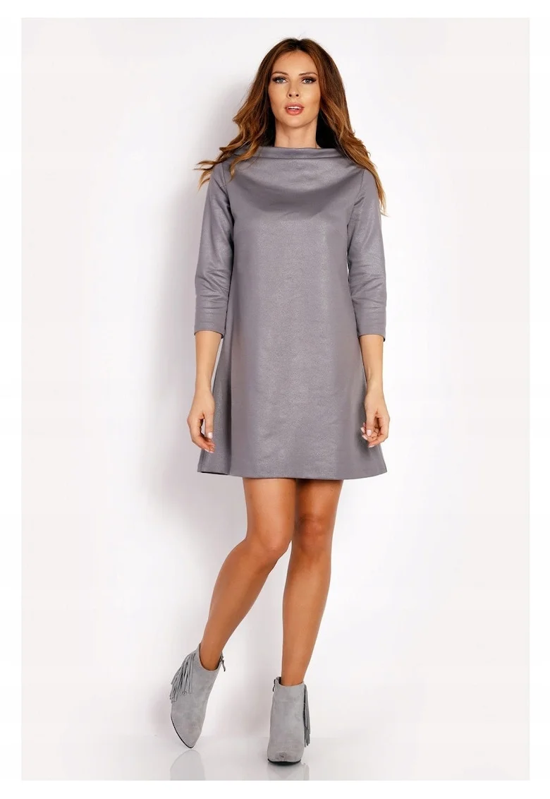 Rochie Dama,  L006, Trapez Mini, Decolteu Tip Cascada, Maneci 3/4, Usor Evazata, Tesatura Confortabila cu Vascoza si Elastan, Eleganta, Ideala Intalniri, Gri, Gri