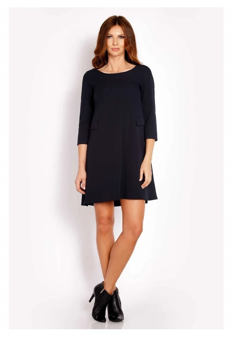 Rochie Dama,  L005, Trapez Mini, Eleganta, Maneci 3/4, Tesatura Confortabila cu Vascoza si Elastan, Croiala Clasica, Ideala Stil Formal si Casual, Albastru Inchis, Albastru inchis