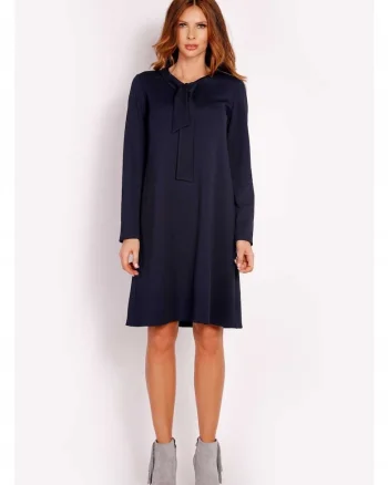 Rochie Dama,  L010, Trapez Midi, Evazata, Tesatura Confortabila cu Elastan, Lungime Midi, Usor Evazata la Baza, Croiala Clasica Eleganta, Bleumarin, Albastru inchis