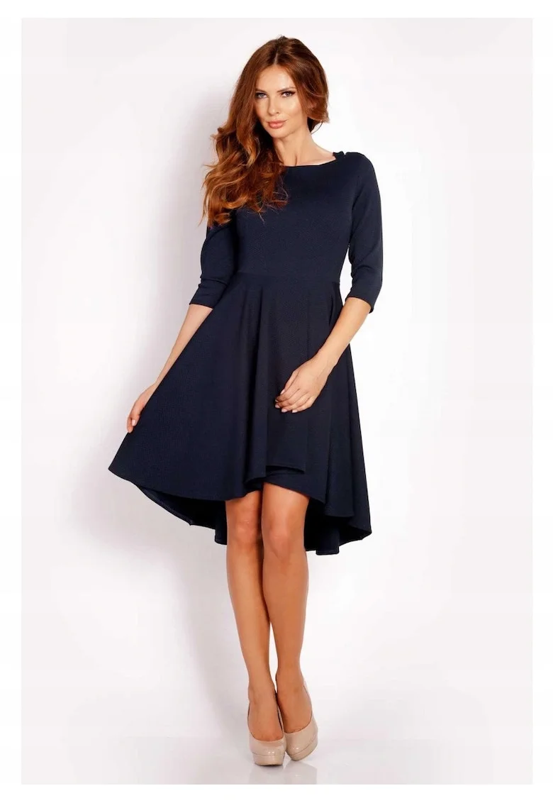 Rochie Dama,  L004, Asimetrica Evazata Midi, Maneci 3/4, Usor Evazata la Baza, Tesatura Confortabila cu Elastan, Croiala Clasica Eleganta, Ideala la Birou, Bleumarin, Albastru inchis