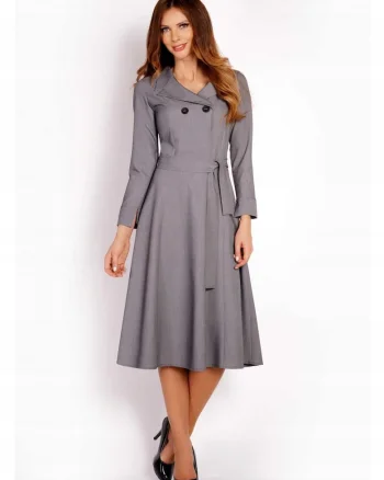 Rochie Dama,  L016, Material 60% Poliester, 35% Viscoza, 5% Elastan, Lungime Midi, Maneca Lunga, Curea In Talie, De Inalta Calitate, Gri, Gri