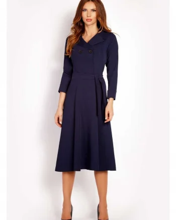 Rochie Dama,  L016, Material 60% Poliester, 35% Viscoza, 5% Elastan, Lungime Midi, In Curea In Talie, Albastru inchis