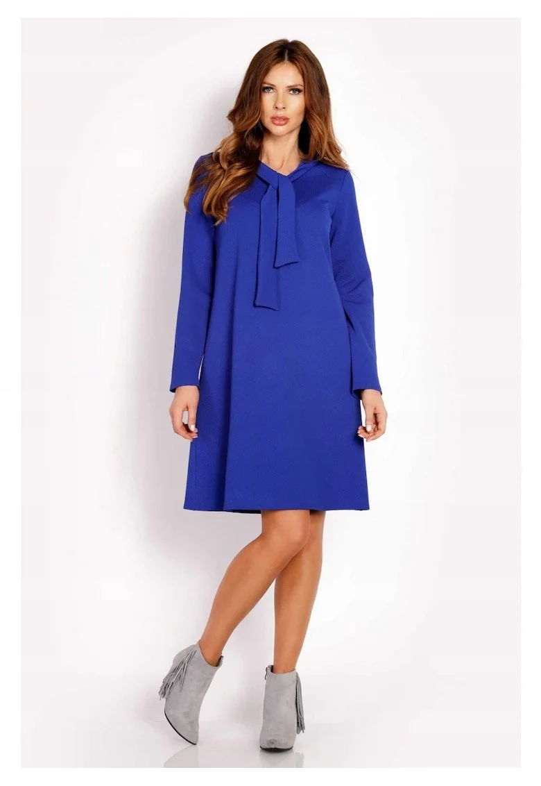 Rochie Dama,  L010, Trapez Midi, Evazata, Tesatura Confortabila cu Elastan, Lungime Midi, Usor Evazata la Baza, Croiala Clasica Eleganta, Albastru, Albastru